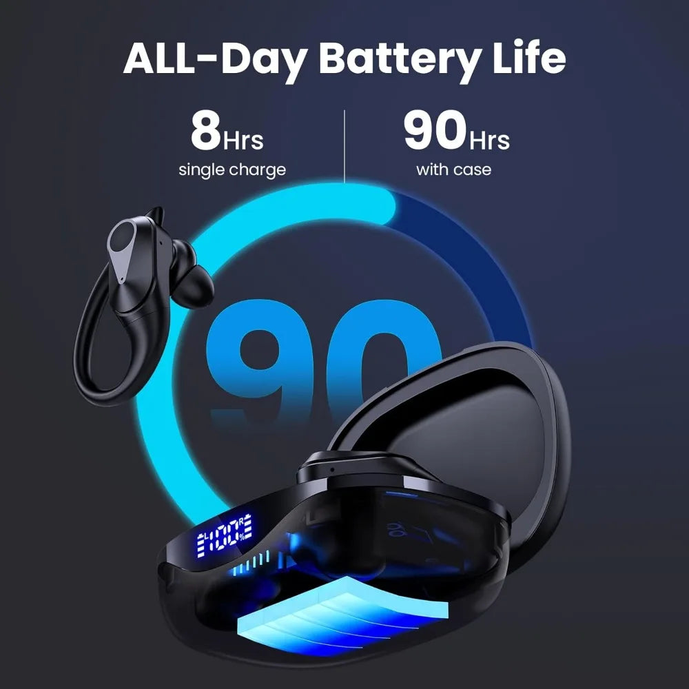 Wireless Earbuds - 90Hrs Playtime, IPX7 Waterproof, Bluetooth Earphones w/ Charging Case & Over-Ear Hooks for Sports