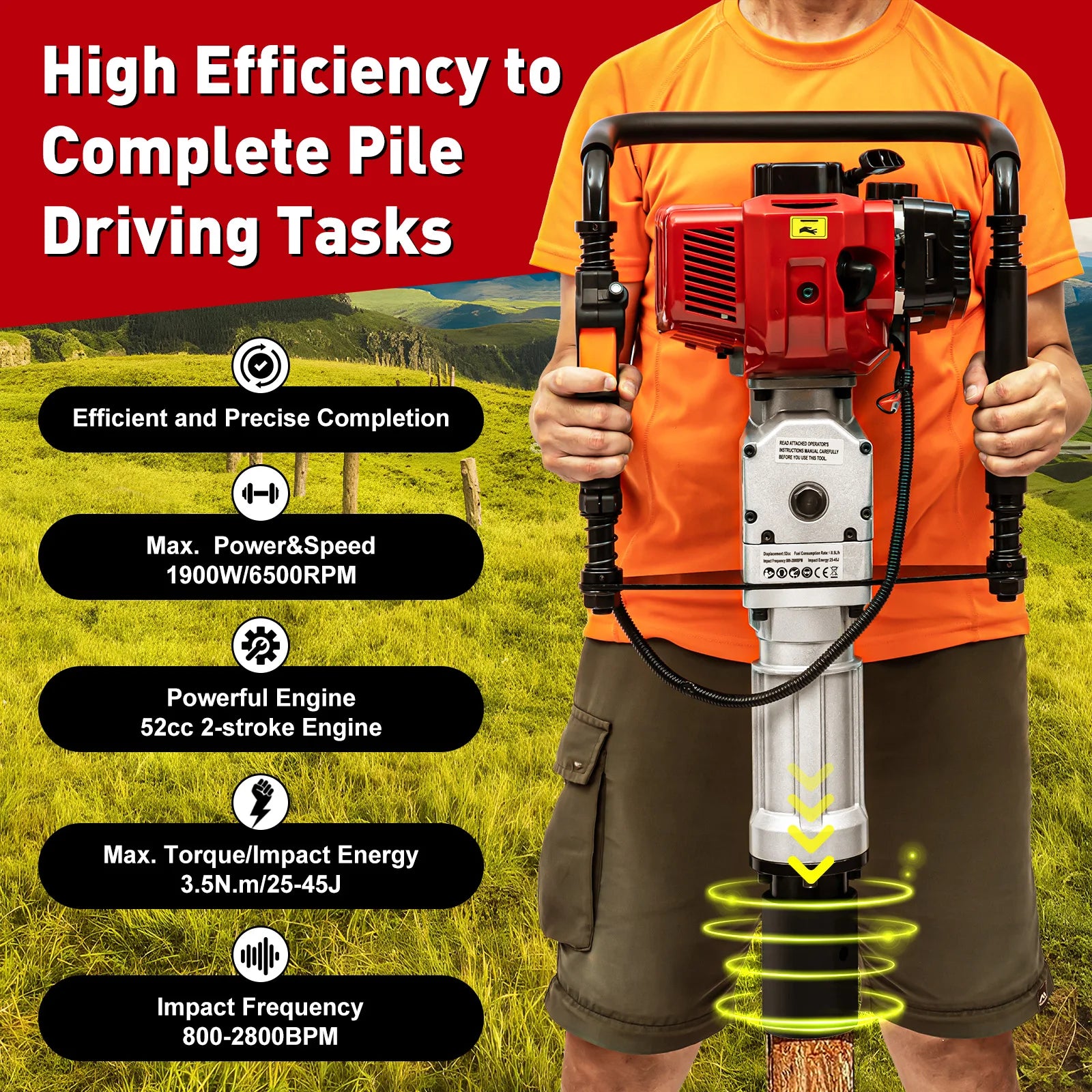 1900W Gasoline Pile Driver 52cc 2 Stroke Engine Post Driver Air Cooling Single-cylinder Petrol Garden Fencing Push Pile Tool