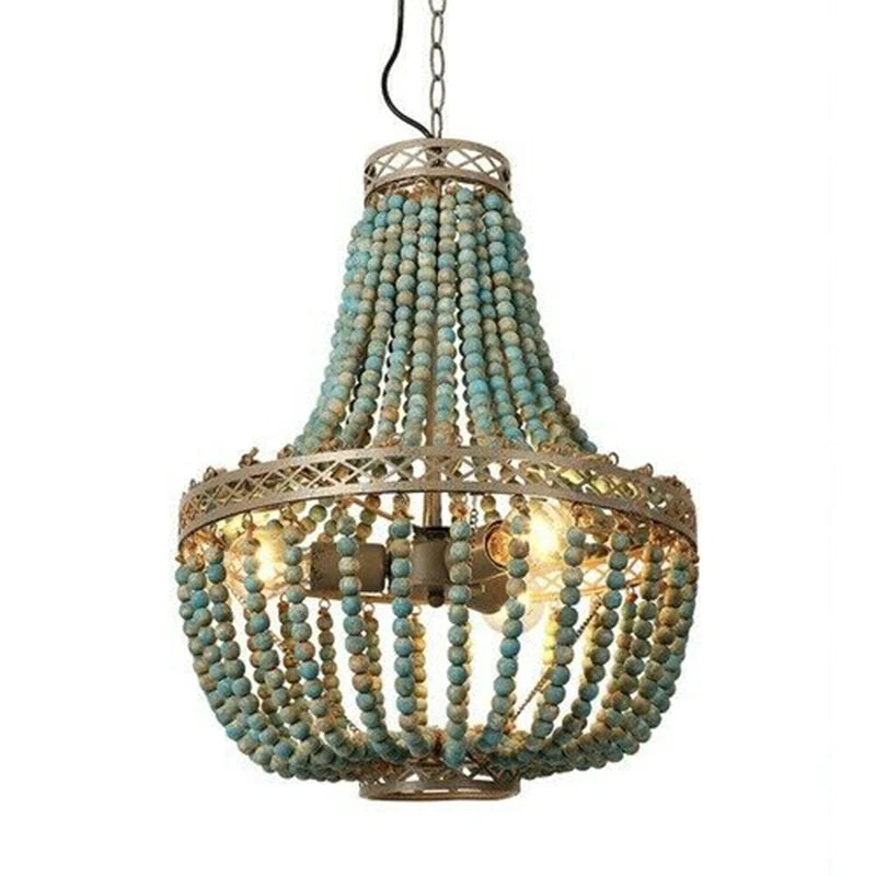 Modern Loft Retro Chandelier E27 Blue Wooden Bead Chandelier Boho Style Decor Light Living Room Bedroom Hotel Kitchen Lamp