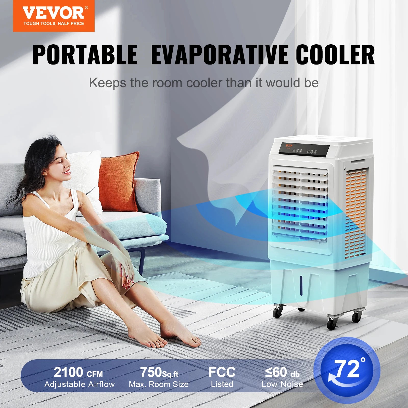 SucceBuy Evaporative Air Cooler Oscillating Swamp Cooler with Adjustable 3 Speeds and 12 H Timer Portable for Indoor Outdoor Use