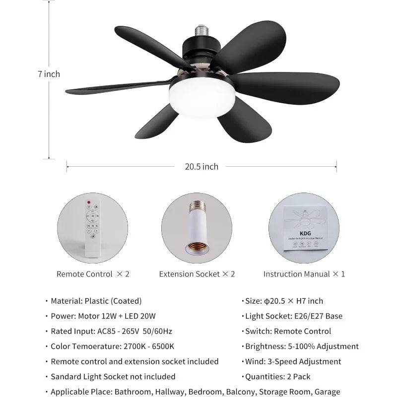 Ceiling Fans with Light Low Profile LED Socket Fan Lamps 3 Colors Dimmable Lighting for Bedroom Kitchen Garage Living Room