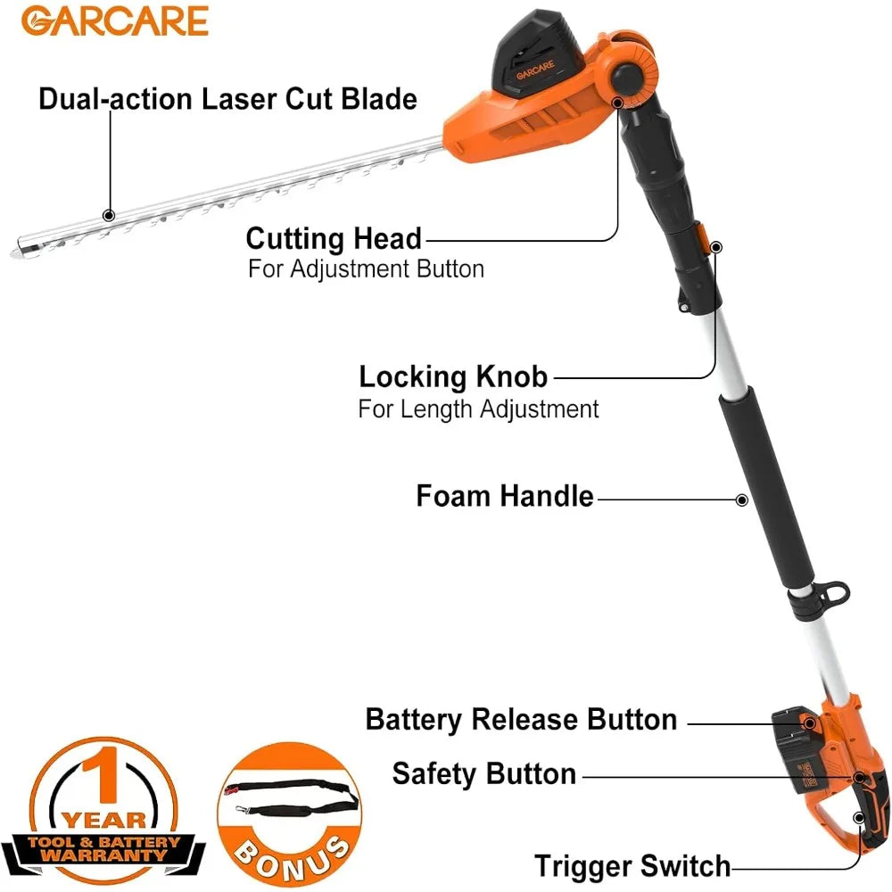 Hedge Trimmers Cordless with Battery - Pole Hedge Trimmer with 20V 4.0Ah Li-Ion Battery & Quick Charger, 450mm Laser Cut Blade