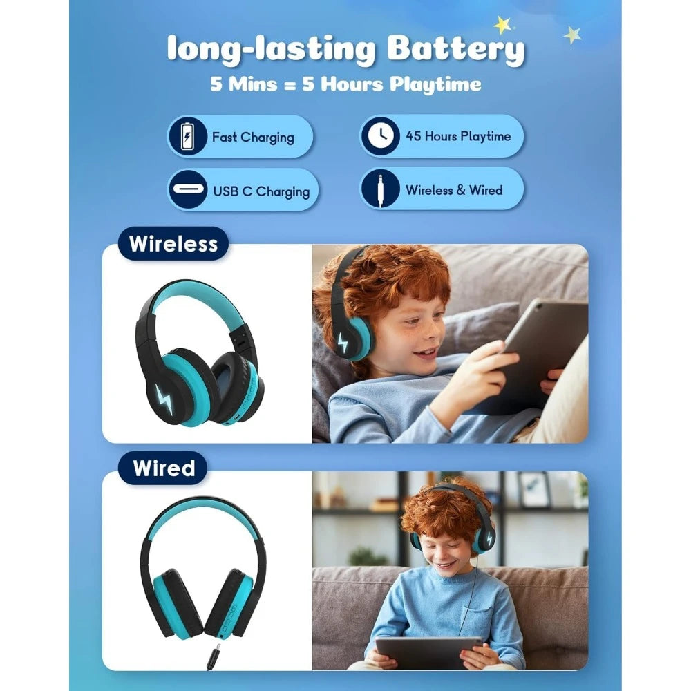 Kids Bluetooth Headphones, 85dB Volume Limit, 45H Playtime, RGB Lights, Mic, AUX