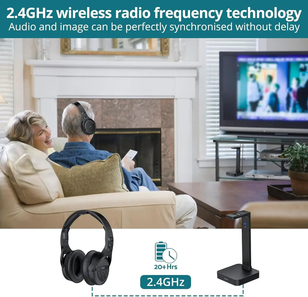 Wireless TV Headphones with 2.4GHz RF,Charging Dock,Rechargeable,Stereo, Digital Optical AUX,Long Range,No Delay,Compatible TVs.