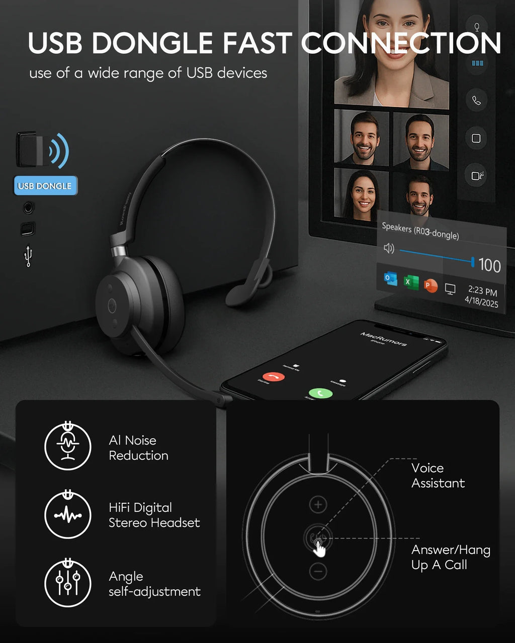 Call Center Wireless Headset with Mic, Bluetooth 5.3 Computer Headphones Bluetooth Headsets with USB Noise Reduction Microphone