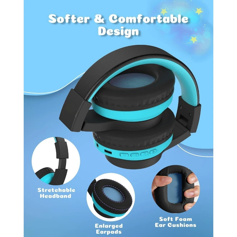 Kids Bluetooth Headphones, 85dB Volume Limit, 45H Playtime, RGB Lights, Mic, AUX