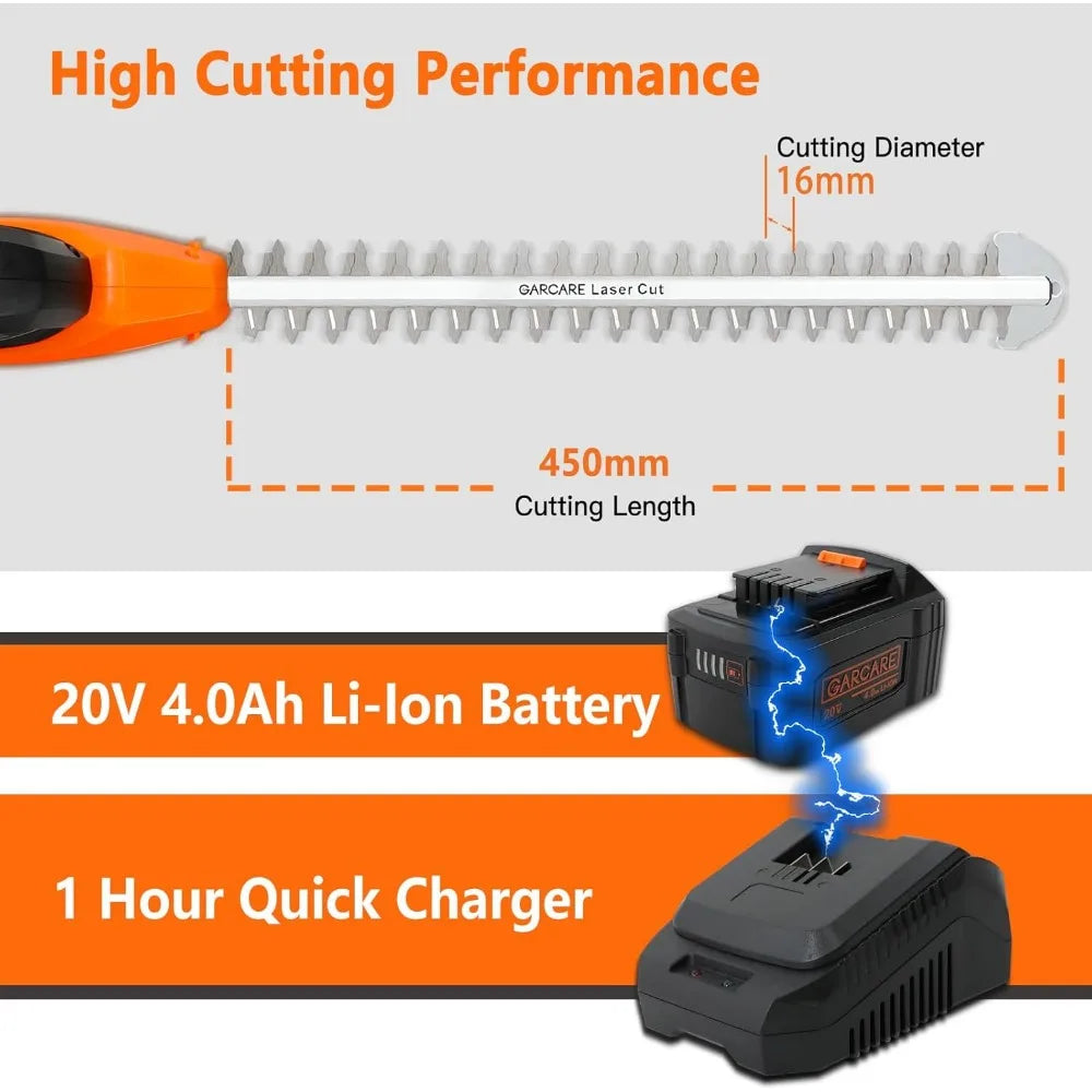 Hedge Trimmers Cordless with Battery - Pole Hedge Trimmer with 20V 4.0Ah Li-Ion Battery & Quick Charger, 450mm Laser Cut Blade