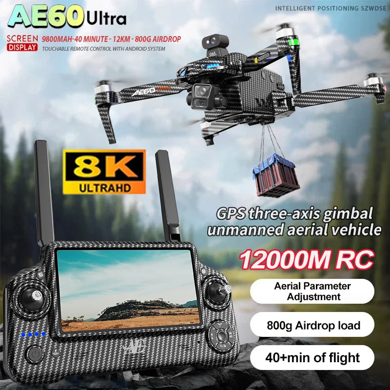 The 2025 New AE60 Ultra-Professional Drone, equipped with an 8K camera, GPS positioning, a three-axis gimbal, obstacle avoidance