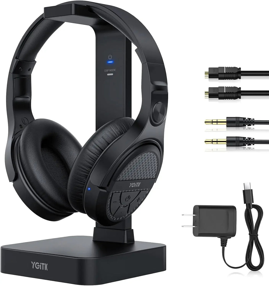 Wireless TV Headphones with 2.4GHz RF,Charging Dock,Rechargeable,Stereo, Digital Optical AUX,Long Range,No Delay,Compatible TVs.