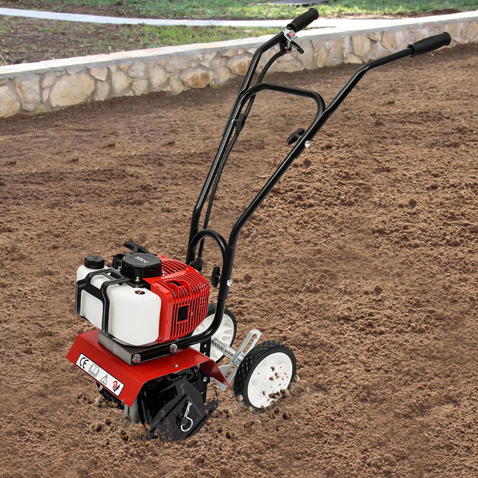 Powerful Mini Tiller Cultivator, Two Stroke Engine Loosener with Wheels for Farms, Greenhouse Gardens, Loose Land