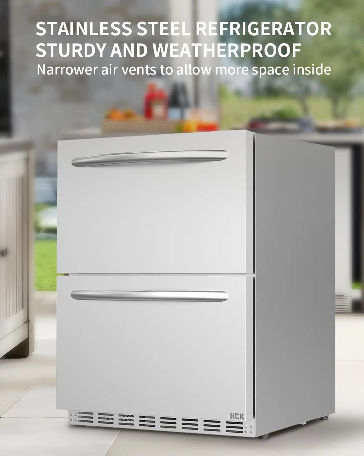 HCK 24 Inch Under Counter Refrigerator, Outdoor Refrigerator with Double Drawer for Patio & Kitchen, Weatherproof Outdoor Fridge