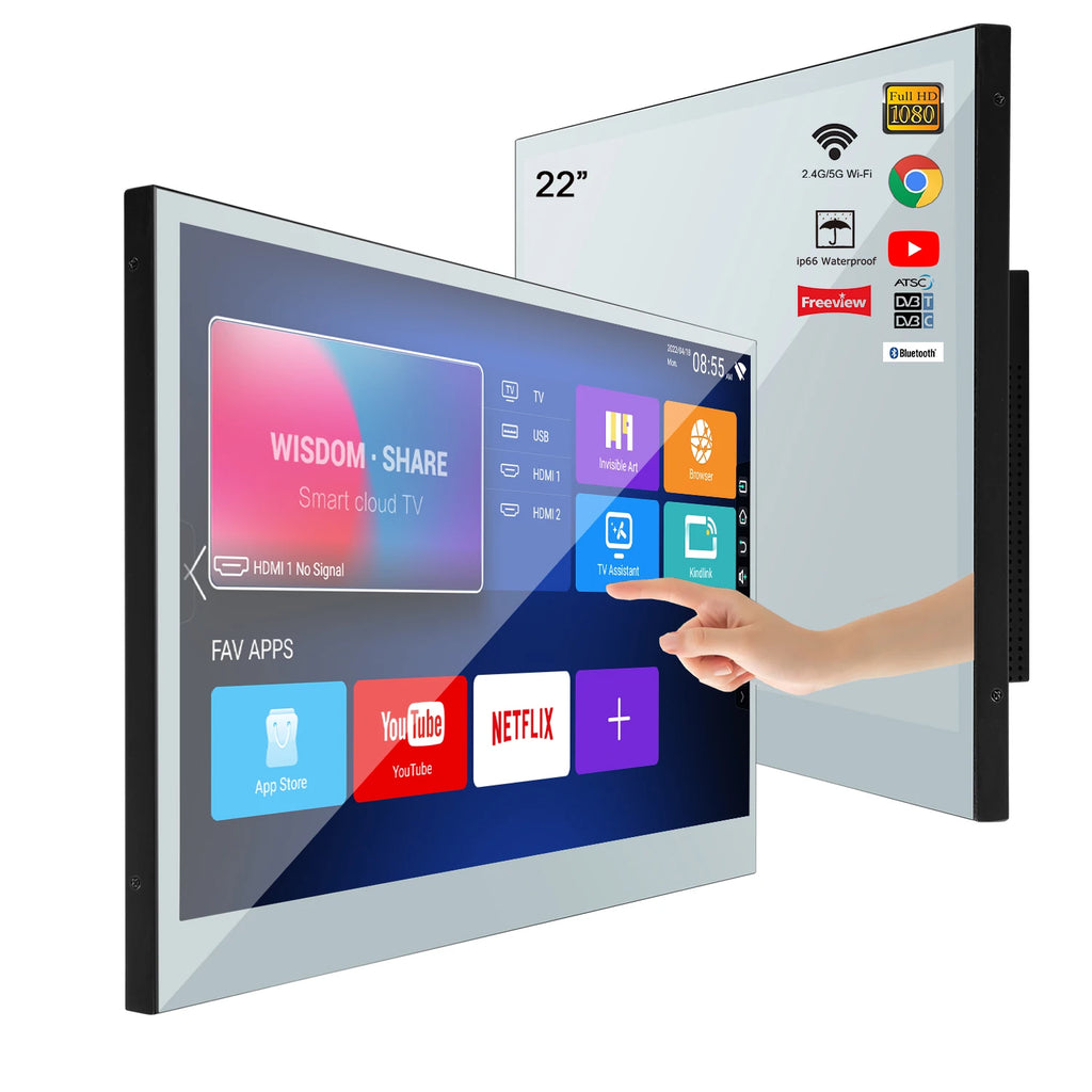 Souria 22 inches Smart Touchscreen Mirror LED TV for Bathroom Waterproof Android WiFi Bluetooth ATSC DVB Advertising Hotel SPA