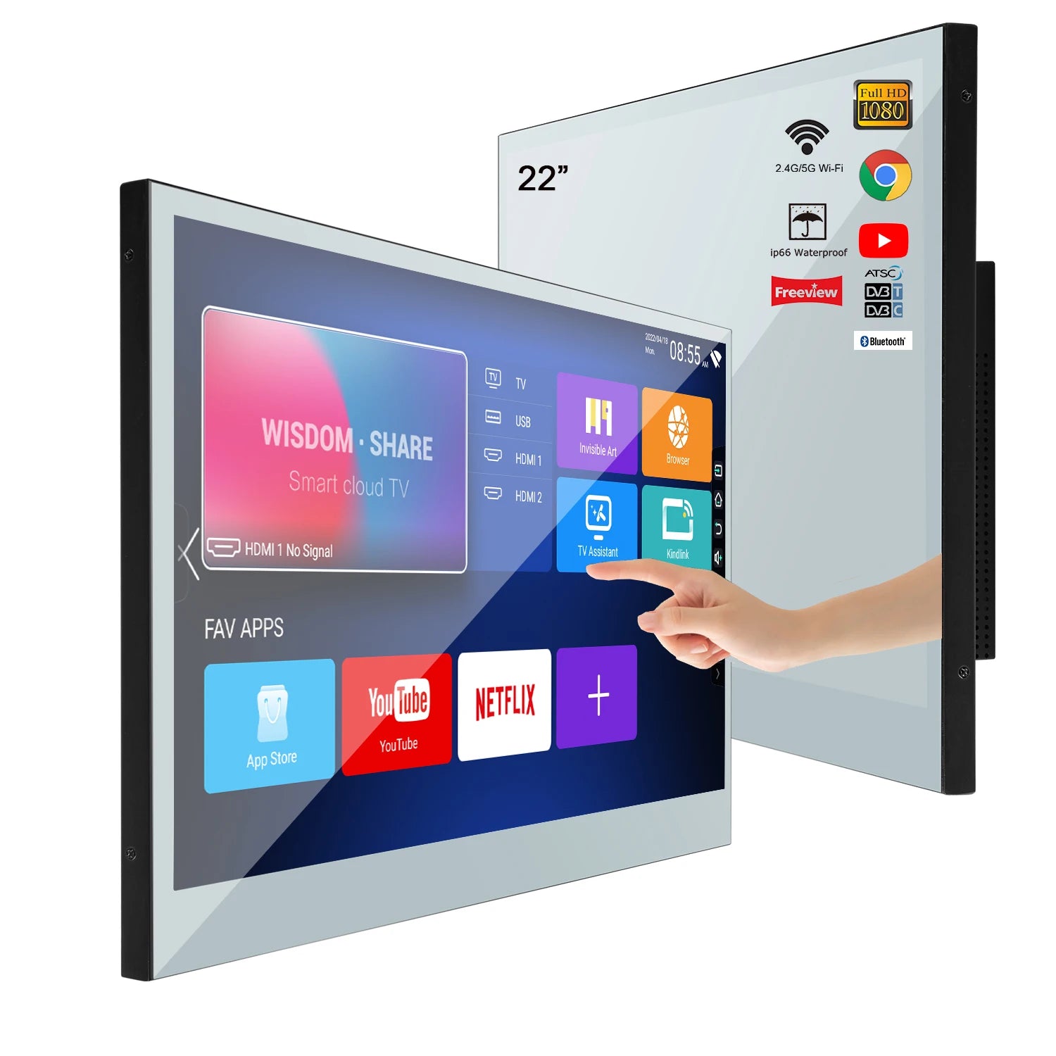 Souria 22 inches Smart Touchscreen Mirror LED TV for Bathroom Waterproof Android WiFi Bluetooth ATSC DVB Advertising Hotel SPA