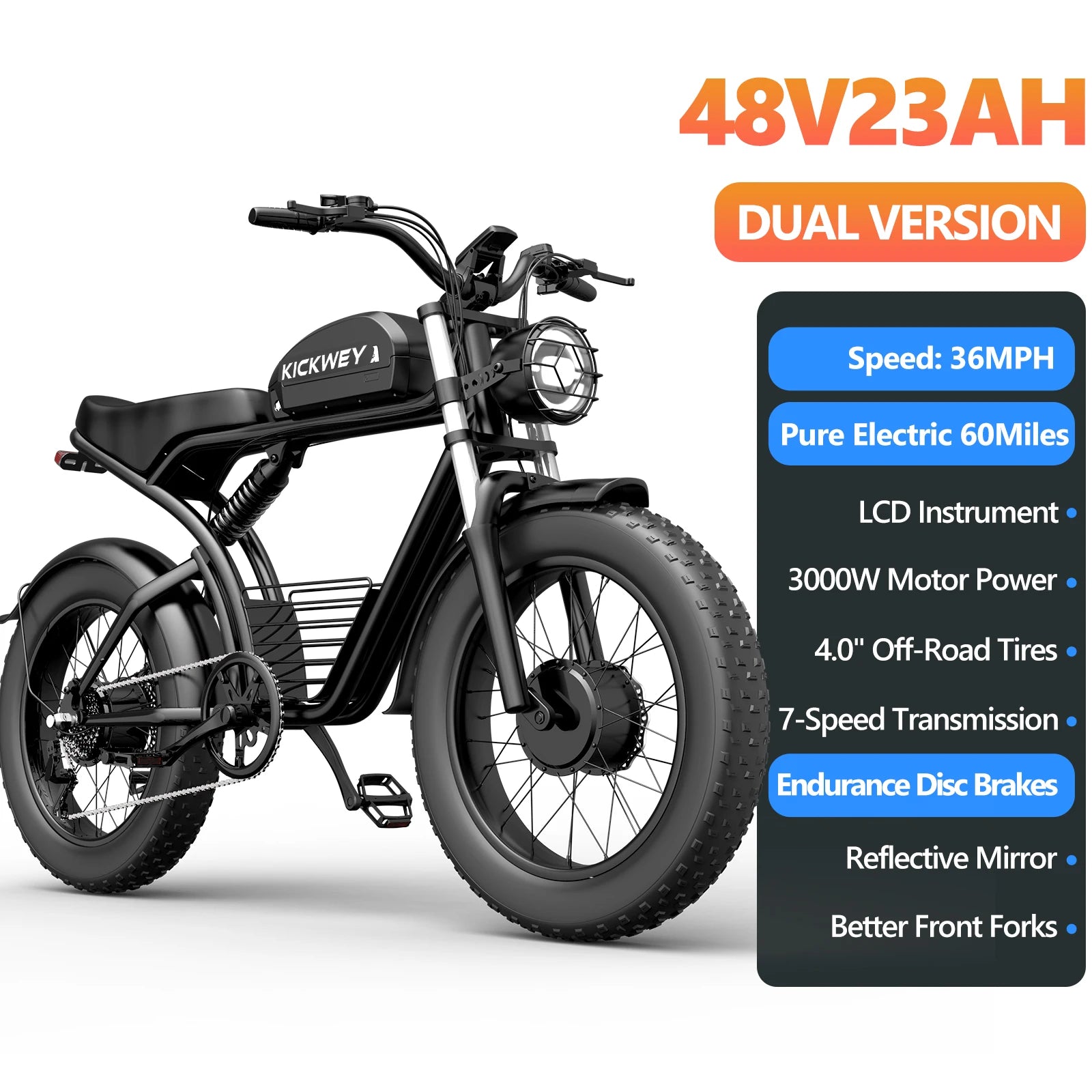 Kickwey K7 Pro Adult Electric Bicycle 3000w(Dual Motor 1500w×2) 48V 23ah Mountain Electric Bike 20 Inch Fat Tire Ebike
